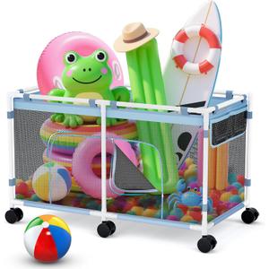 Pool Float Storage - Outdoor Pool Toy Storage Organizer for Pool Noodles, Toys, Floats, Beach Balls, and Equipment, Above Ground Pool Accessories, Rolling Outdoor Pool Storage Bin with Zipper Design
