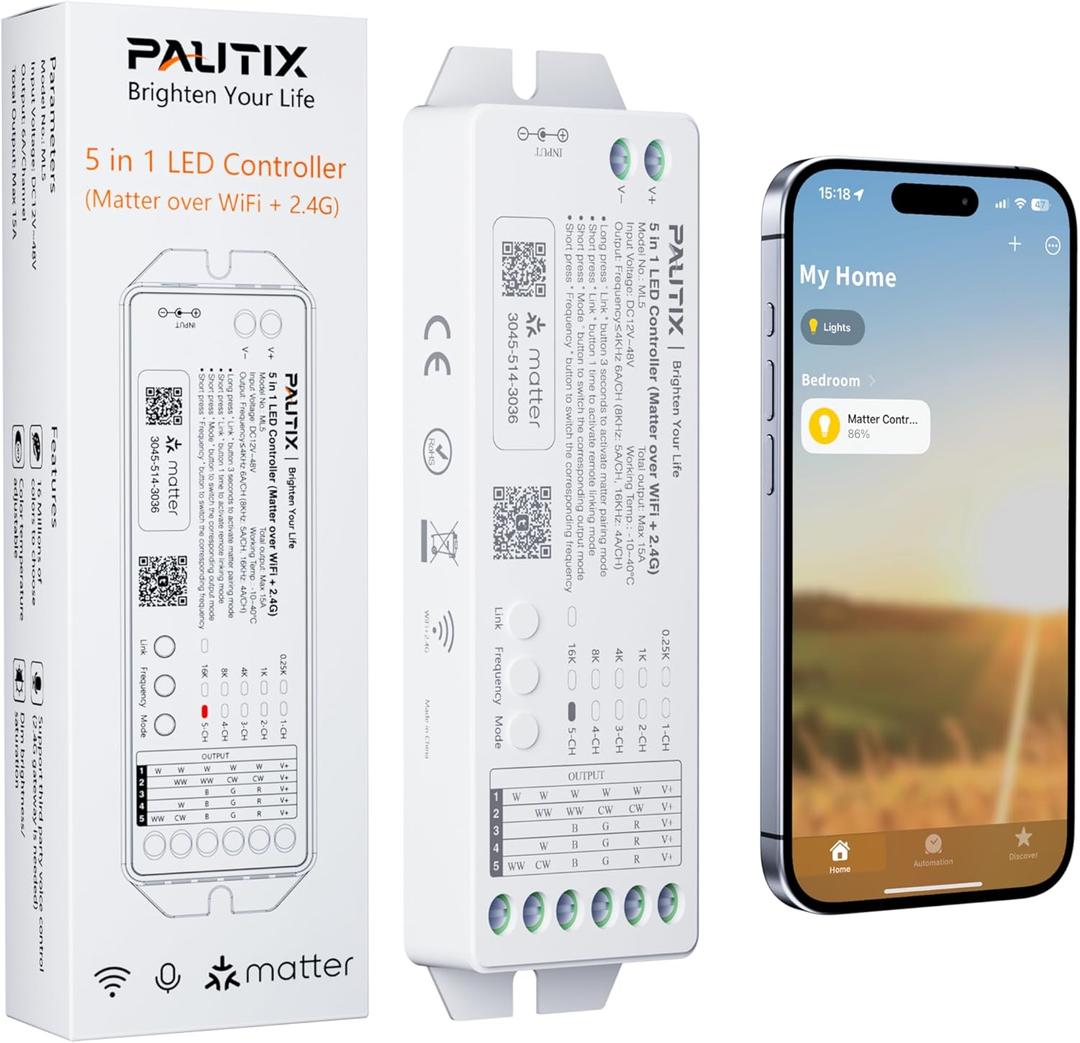 PAUTIX Matter WiFi LED Controller 5in1 ML5 Compatible with Tuya APP/Homekit/Smart Life/Alexa/Google Home/Siri, DC12-48V Dimmable Controller for Single Color/CCT/RGB/RGBW/RGBCCT LED Strip Lights