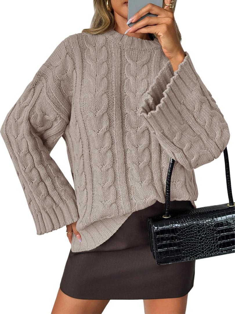 Saodimallsu Womens Oversized Sweaters Cable Knit Bell Batwing Sleeve Crew Neck Fall Winter Chunky Pullover Tops Khaki (M)