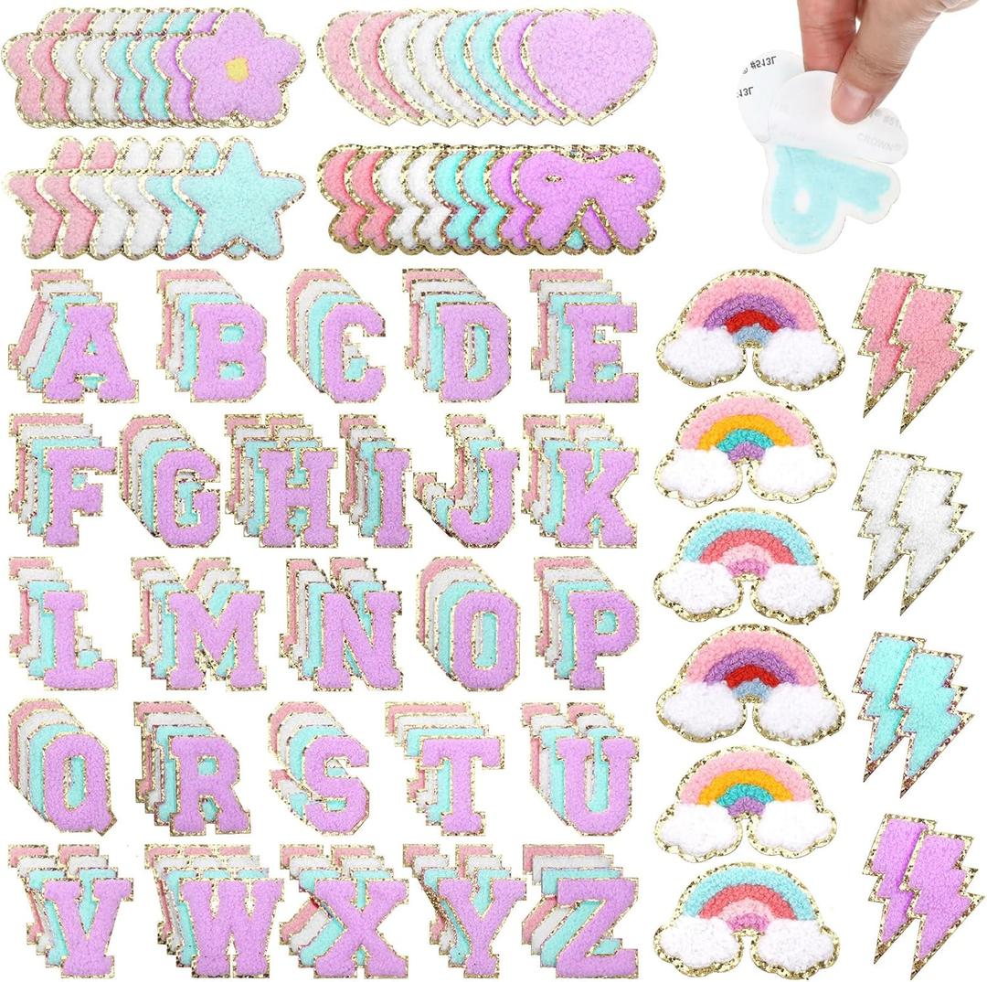 154pcs Chenille Letter Patches Iron on Self Adhesive Chenille Fabric Stickers for Clothes, Iron on Appliques Patch Cute Letter Patch for Backpacks, Hats, Bags, Jackets