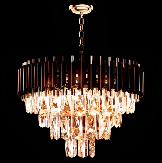 20" Round Black and Gold Crystal Chandelier,39" Adjustable Height 4 Tier K9 Crystal Pendant Light Fixtures,9-Lights Luxury Chandeliers for Dining Room,Kitchen Island,Living Room,Foyer,Bedroom Etc