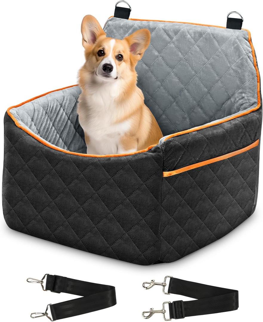 Dog Car Seat with Removable Thick Cushion, Detachable Washable Dog Booster Seat with Storage Pocket and Safety Belt (Black and Grey)