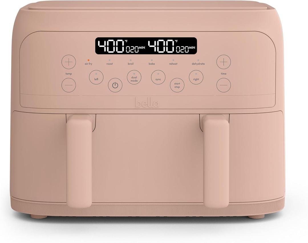 bella 4 Qt TriZone Air Fryer, EverGood Ceramic Nonstick Coating, Dual Basket Design w Removable Divider, Digital Touchscreen Control w 6 Preset Cooking Options, 1200 Watt, 3lb Capacity, Blossom, 4.0QT