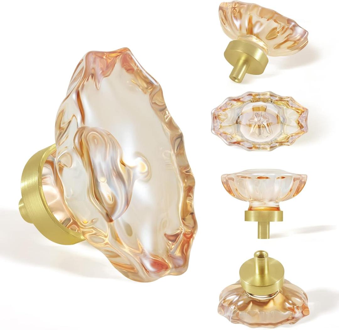 7 Pack Champagne Crystal Cabinet Knobs and Pulls Oval, Glass Knobs for Dresser Drawers with Satin Brass/Brushed Gold Base