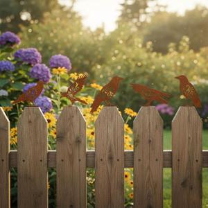 AIM & GGKK Raven Decor,Rusty Metal Birds Yard Decor, Set of 5 Metal Bird Crow Silhouette Statues for Garden Fence Yard Art, Rustic Outdoor Garden Sculptures Decorations