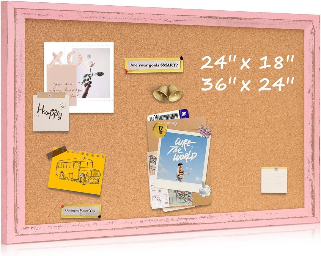 Cork Bulletin Board 36" x 24", Wall Mounted Cork Board with Pink Wooden Frame, Decorative Pin Board for Office, Home & Classroom Decor, White