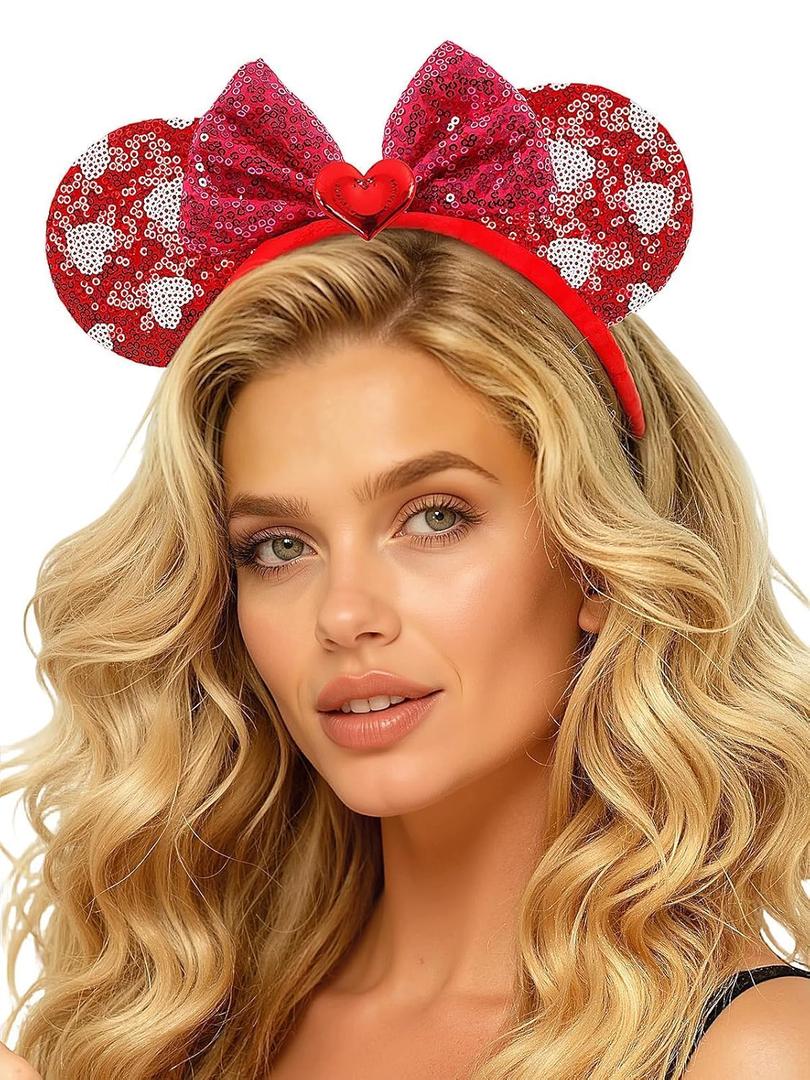 2 x Christmas Red Sequin Mouse Ears Headband with Bow - Sparkly Minnie Costume Hair Accessory, Holiday Party Gift & Stocking Stuffer for Girls Women