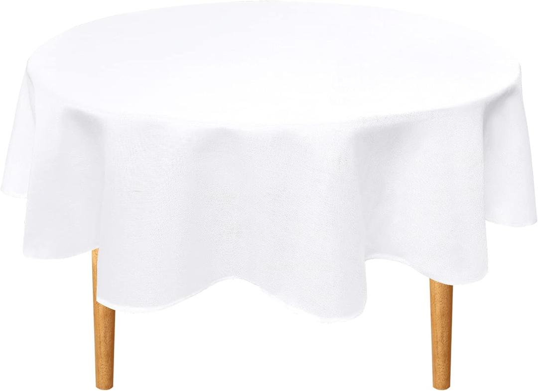 Hiasan Round Linen Table Cover 50 Inch - Wrinkle and Stain Resistant Washable Polyester Fabric Table Cloth for Dining Room Kitchen Party, White