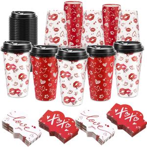 50 Pcs Disposable Paper Cups with Lids and Sleeves 16 oz Red White Hearts Paper Coffee Cups for Wedding Anniversary Party Supplies