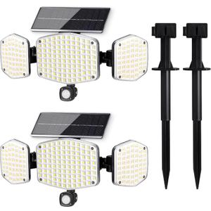 Solar Motion Sensor Outdoor Lights with Stakes, In-Ground or Wall Mount, 208 LED Super Bright IP65 Waterproof, 3 Heads 270 Wide Angle Solar Powered Security Flood Lights for Outside