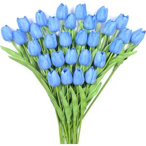 30 PCS Artificial Tulips Real Touch Tulips 13.5inch Long Stem Fake Flowers Silk Flowers for Spring Easter Mother's Day DecorationsLight Blue