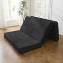 BYBYME Tri-Folding Corduroy Mattress, 6 Inch Gel Folding Mattress Topper, Foldable Soft Guest Bed Camping Pad, Washable Cover (Black, Full)