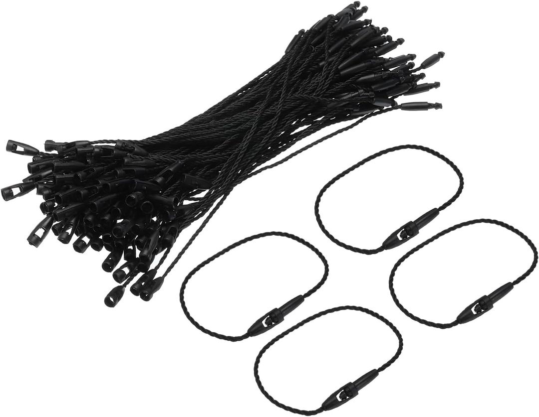 MECCANIXITY Polyester Rope Hang Tag String Snap Lock Pins Loop Price Tag Fastener Plastic Tags Ties 120mm/4.72 Inch Length,1mm/0.04 Inch Dia,Pack of 100,Black