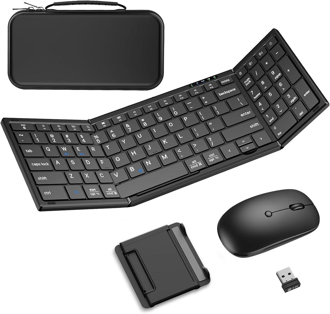Foldable Keyboard and Mouse,Portable Full-Size Folding Wireless Keyboard Mouse Combo for Business Travel,2.4G+Bluetooth 5.0x2,USB-C Rechargeable,Compatible with iOS/Android/Windows/MacOS(Black)
