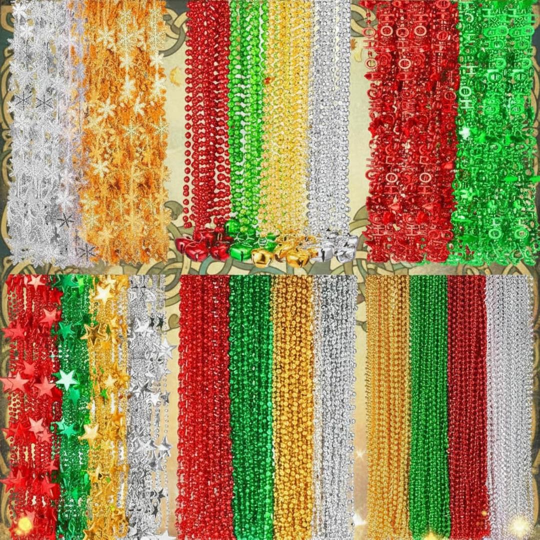 Civaner 100 Pcs Christmas Bead Necklaces Bulk, 31.4 Metallic Bell Necklace HOHOHO Snowflake Star Beads Necklaces for Women Men Christmas Party Holiday Decorations Red, Green, Gold, Silver
