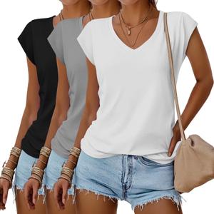 Huukeay 3 Pack Womens V Neck T Shirts, Cap Sleeve Summer Casual Tops Loose Fit Short Sleeve Tees 2025 Trendy Shirts (Medium)