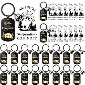 Huquary 24 Pack Camping Party Favors Keychain Bulk Camper Keychain with Cards Set Camper RV Keyring Gifts for Women Men Travel Camp Theme Birthday Party Favor Supplies, about 2.8 x 5 cm/1.1 x 2 inch