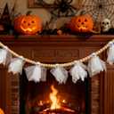 Halloween Banner, Cute Halloween Ghost with Wooden Beads Garlands, Handmade Rustic Banner for Wall Home Indoor Outdoor Doorways & Home Mantel Decor Supplies (White Ghost)