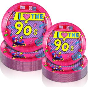 Yungyan 50 Pcs Retro 90S Plates Disposable Paper Tableware 9 Inch Dinner Plates 7 Inch Dessert Party Decoration Supplies
