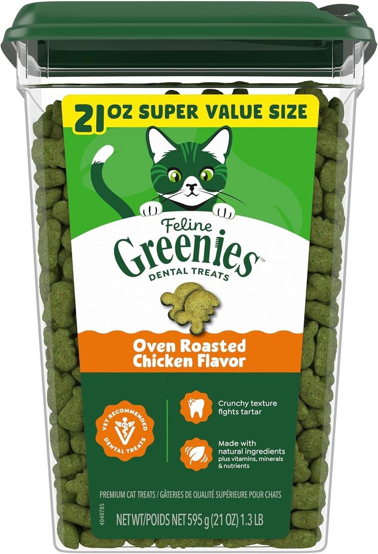 Greenies Cat Treats, Feline Veterinarian-Recommended Adult Natural Dental Cat Treats, Oven Roasted Chicken Flavor, 21 oz. Tub (EXP 04/01/27)