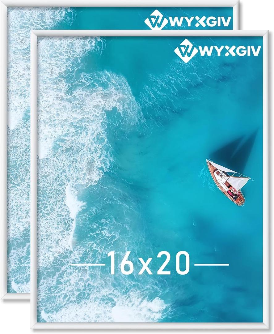 16x20 Picture Frame Set of 2, Scratch-Proof White Frame Lightweight yet Sturdy Display Poster Artwork 16 x 20 Horizontally/Vertically - Slide-In Strips|2 Packs|White|16"x20"