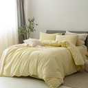 FOSSA Duvet Cover Set 100% Washed Cotton Linen Feel Super Soft Breathable Cozy 3 Pieces Bedding Sets Solid Pastel Yellow Queen (Light Yellow (No Comforter))