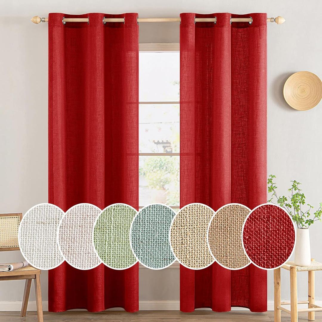 MIULEE Red Linen Curtains 96 Inches Long 2 Panels Set for Bedroom Living Room, Soft Thick Linen Textured Window Drapes Semi Sheer Light Filtering Grommet Burlap Look Christmas Decor