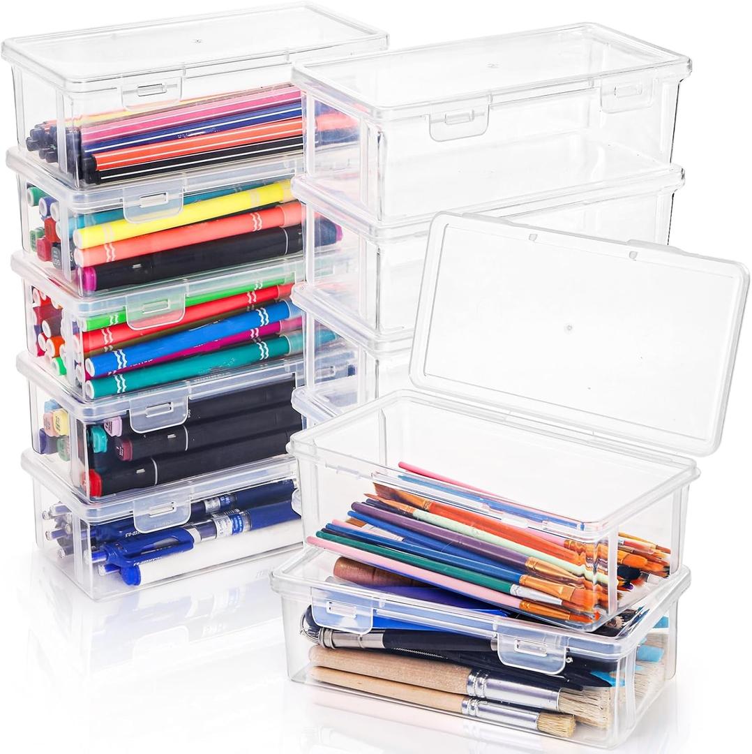 12 Pack Clear Pencil Box, Small Plastic Pencil Case with Lid, Storage Boxes Bulk Stackable Design, Durable Office Supplies Organizer for Crayon Pencil, Craft, Brush