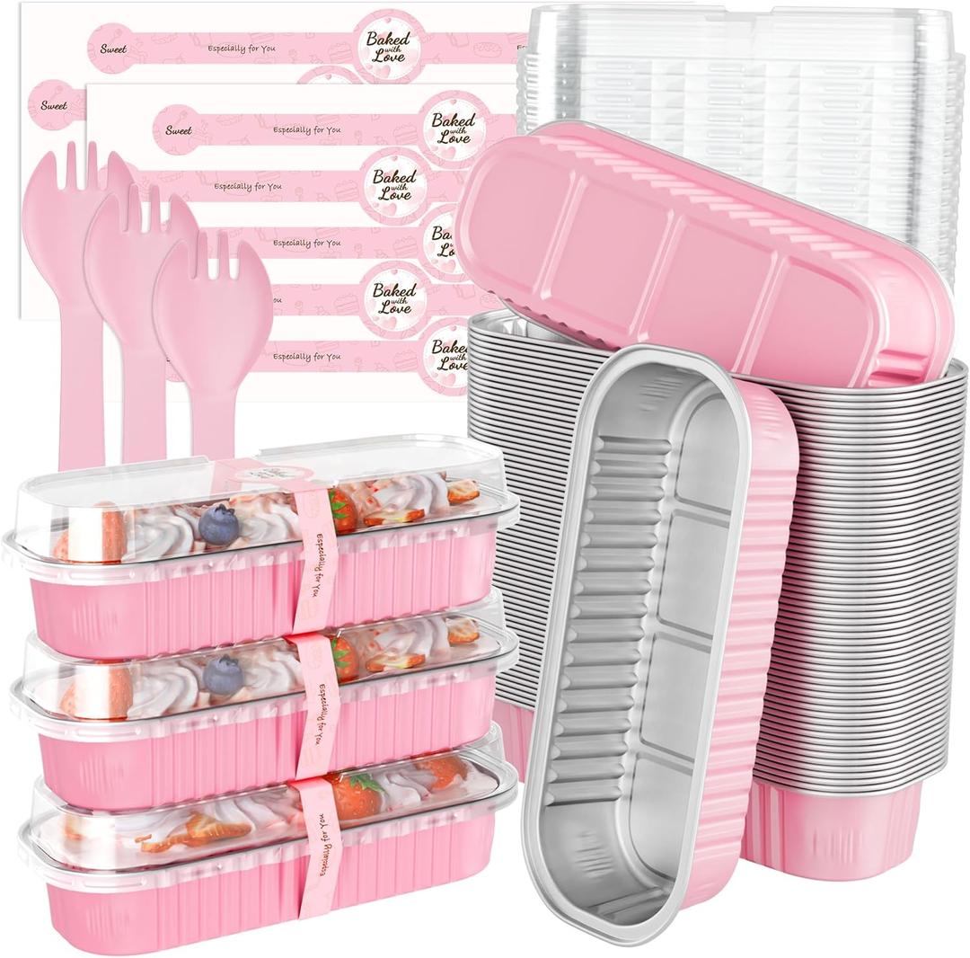100 Pack Mini Loaf Pans with Lids and Spoons, 6.8oz Mini Cake Pans for Baking, Disposable Rectangle Aluminum Foil Small Loaf Baking Pans Cake Tins, Individual Small Cake Containers with Sticker, Pink