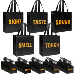 40 PCS 5 Senses Party Favor Bags, Non Woven 5 Senses Gift Bags, Reusable Black Gift Bag with Handles for Boys Men Birthday Anniversary Party Supplies