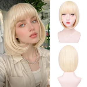 Blonde Bob Wigs for White Women - 12'' Short Bob Wigs With Bangs Natural Fashion Synthetic Wig Colorful Synthetic Hair for Daily Cosplay Halloween