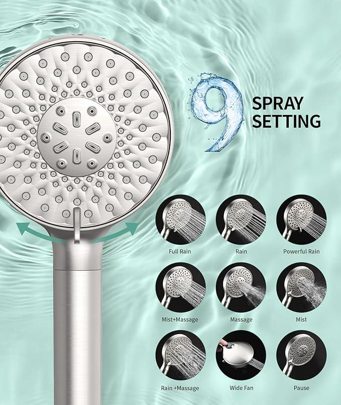 Filtered Shower Head with Handheld, High Pressure 9 Spray Mode Brushed Nickel Showerhead with Filters, detachable shower head,Water Softener Filters Beads for Hard Water - Remove Chlorine