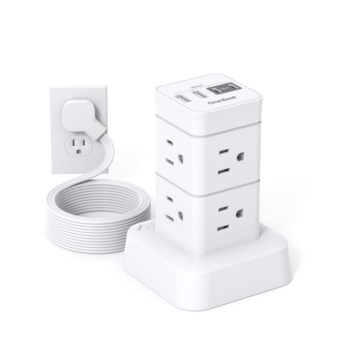 One Beat Tower Surge Protector Power Strip 10 ft,Long Flat Extension Cord with Multiple Outlets,8 AC Outlets with 4 USB Ports,Desktop Charging Station for Multiple Devices,for Home Office College Dorm