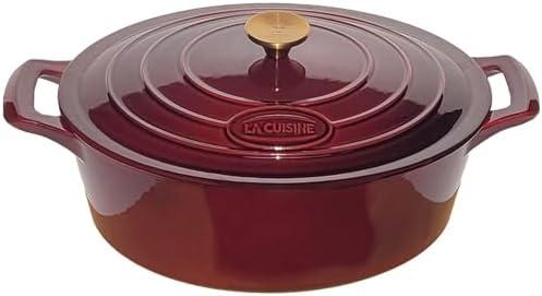 La Cuisine Enameled Cast Iron Oval Dutch Oven Casserole Dish Pot with Lid 6.75 QT Internal Matt Black Enamel Coating for bread baking, Gold-Plated Stainless Steel Lid Handle, Oven Safe up to 500° F. Cranberry