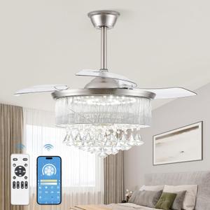 LEDIARY 42 Inch Chandelier Ceiling Fans with Lights and Remote, Retractable Fandelier Ceiling Fan, Crystal Fan for Bedroom Indoor Decoration, 3 Color Changeable, Dimmable, Timer Setting, Brush Nickel
