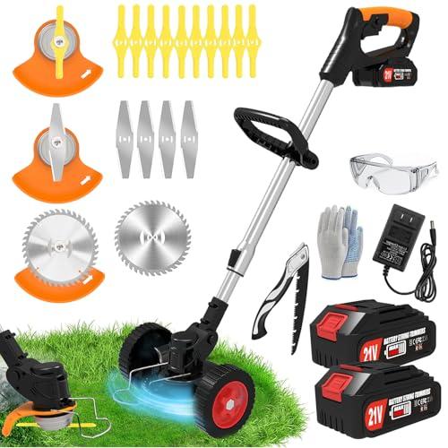 Electric Weed Wacker Cordless Eater Battery Powered, 21V Lightweight No-String Weed Trimmer with 2 Battery Operated & Wheels, 3 in 1 Stringless Grass Trimmer/Edger/Brush Cutter for Garden Yard Lawn