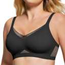 Womens Bra No Underwire Seamless Wireless Bra with Soft Support V Neck Mesh Bras Lace Bralette Everyday Bra (X-Large, Black+nude)