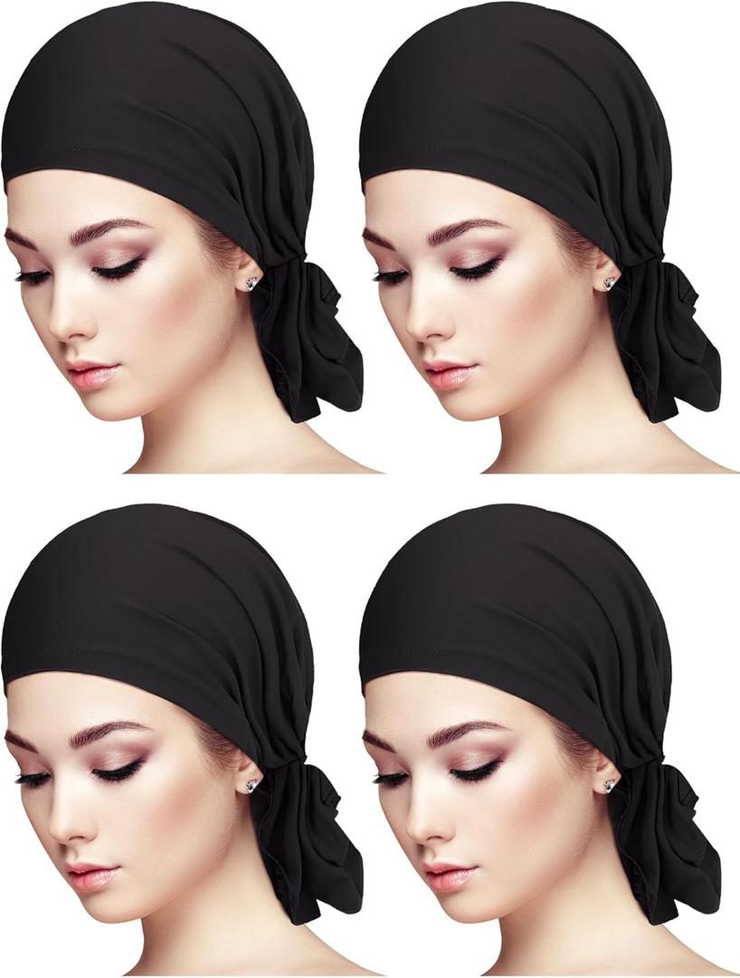 4 Pieces Slip-On Pre-Tied Head Scarves Women Headwear Turban Beanie Caps Head Wrap Headscarf for Women (Black)
