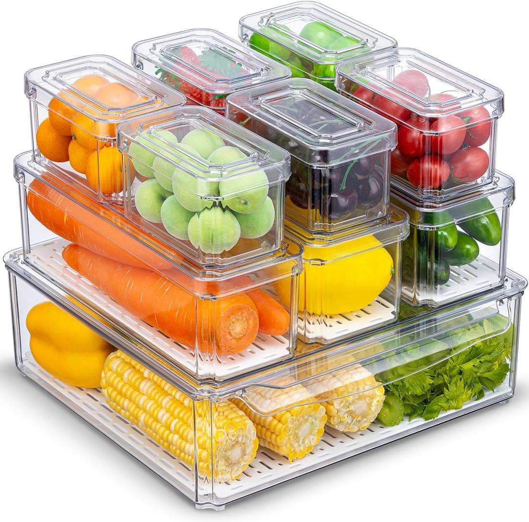 10-Pack Clear Fridge Organizer Bins with Lids, Stackable Refrigerator Storage Containers, BPA-Free with Drain Tray & Anti-Slip Base for Fruits, Veggies, Drinks