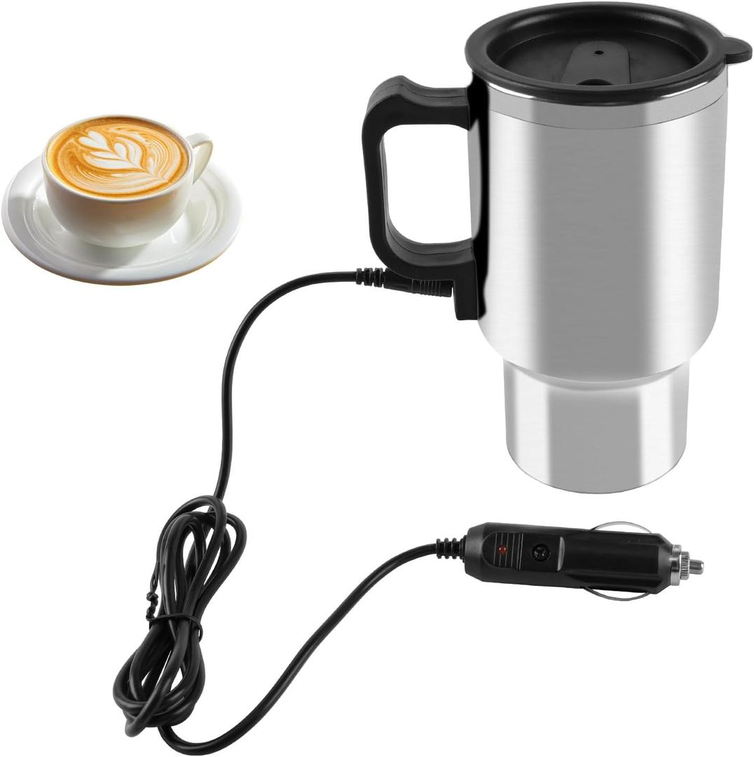12V Car Heating Cup Stainless Steel Travel Coffee Cup Insulated Heated Thermos Mug, 450ml Car Kettle for Heating Water, Coffee, Milk, Tea (Silver, Stainless Steel Inner)