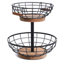 WILDMOS 2-tier Fruit Basket Bowl,Metal Basket with Wooden Base,Fruit and Vegetable Storage with Banana Hanger,Fruit Basket for Kitchen Counter Organizer.