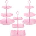 Tosnail 3 Pack 3 Tiers Plastic Cupcake Stand Dessert Stand Tiered Serving Trays with Pink Rod Candy Pastry Holders for Baby Shower, Wedding and Party - Pink Rod