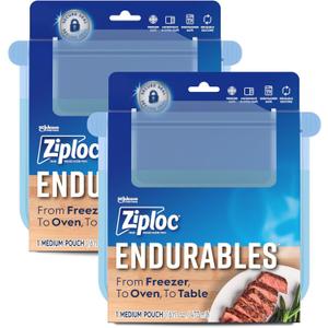 Ziploc Endurables Medium Pouch, 2 Cups, Reusable Silicone Bags and Food Storage Meal Prep Containers for Freezer, Oven, and Microwave, Dishwasher Safe, 2 Pack