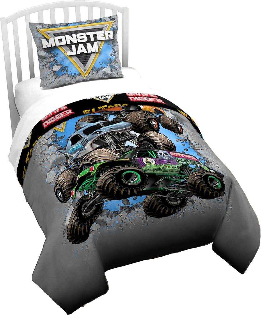 Jay Franco Duvet Cover Set  2 Piece Comforter Cover and Sham Set, Super Soft Cozy Kids Bedding (Insert Not Included) Grey - Monster Jam, Twin