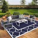 GENIMO 10' x 14' Outdoor Rug Waterproof for Patio, Foldable Reversible Plastic Straw Area Rugs Mat for Rv Decor, Outside Carpet for Camper, Deck, Picnic, Beach, Balcony, Porch, Blue & White