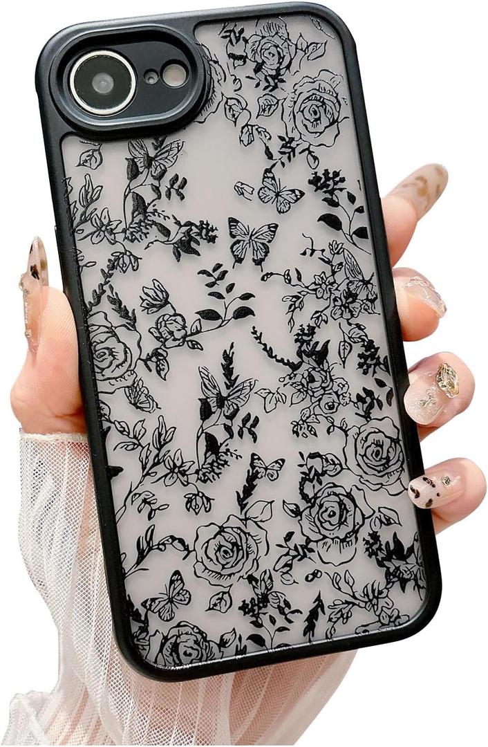 Weonmov for iPhone 16e Case, Flowers Butterfly Slim Hard PC Frosted Shockproof Drop Protection Cover, Translucent Matte Floral Phone Case for Women Girls 6.1" - Black