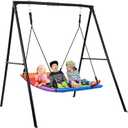 Trekassy Swing Sets for Backyard, 440lbs Heavy Duty A-Frame Metal Stand with 60" Large Platform Swing for Outdoor Playground Park (Black Frame + Rainbow Swing)Patented