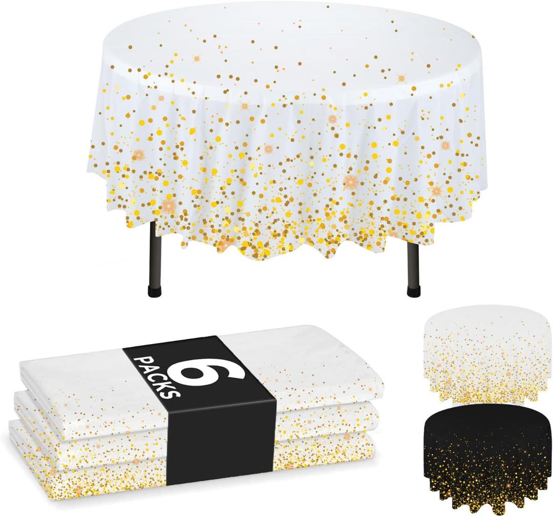 NORZEE 6-Pack White Disposable Plastic Tablecloths, 84" Plastic Table Cloth, Round Table Cover Gold CONFETY (6, White Gold)