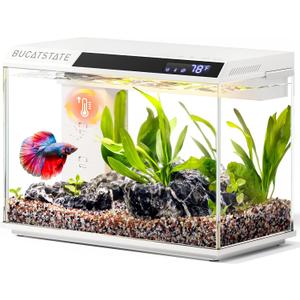 BUCATSTATE 2.6 Gallon Fish Tank, 3 Stage Filtration with Independent Waste Compartment Aquarium, Quiet 3 in 1 Pump, Real-Time Temp Display, 8-Mode LED Light Fish Tank (White)