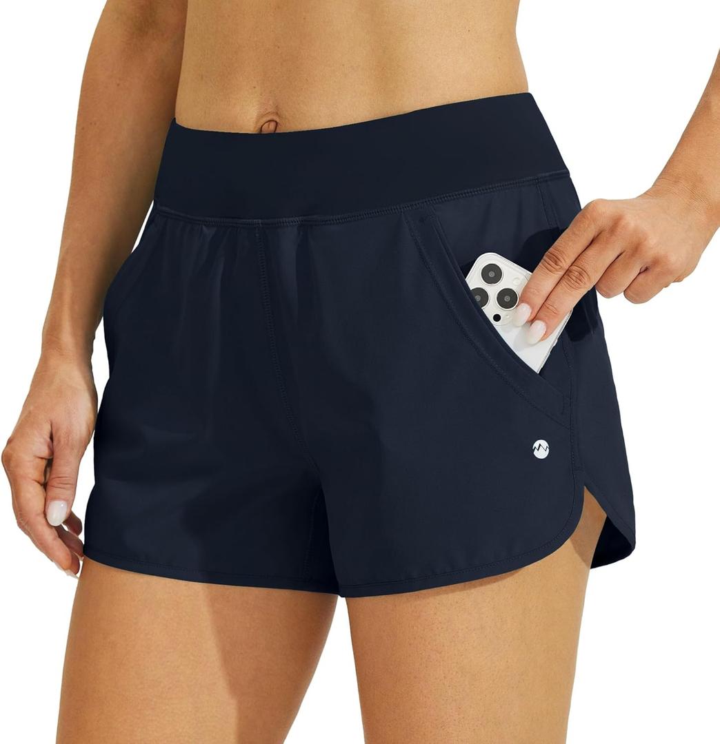 Willit Women's 3" Swim Board Shorts Swimming Bottoms with Brief Liner Quick Dry UPF 50+ (Large, Navy)